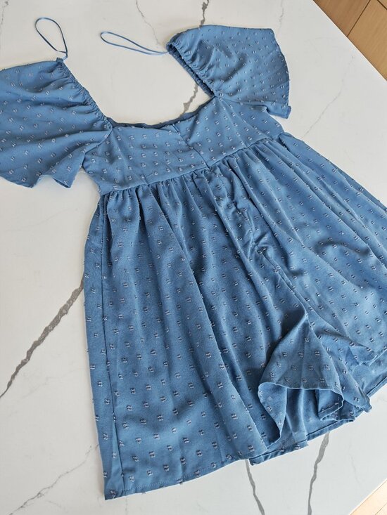 Altard State Blue Swiss Dot Romper Flutter Sleeve Boho Mini Dress Size L - Picture 3 of 15